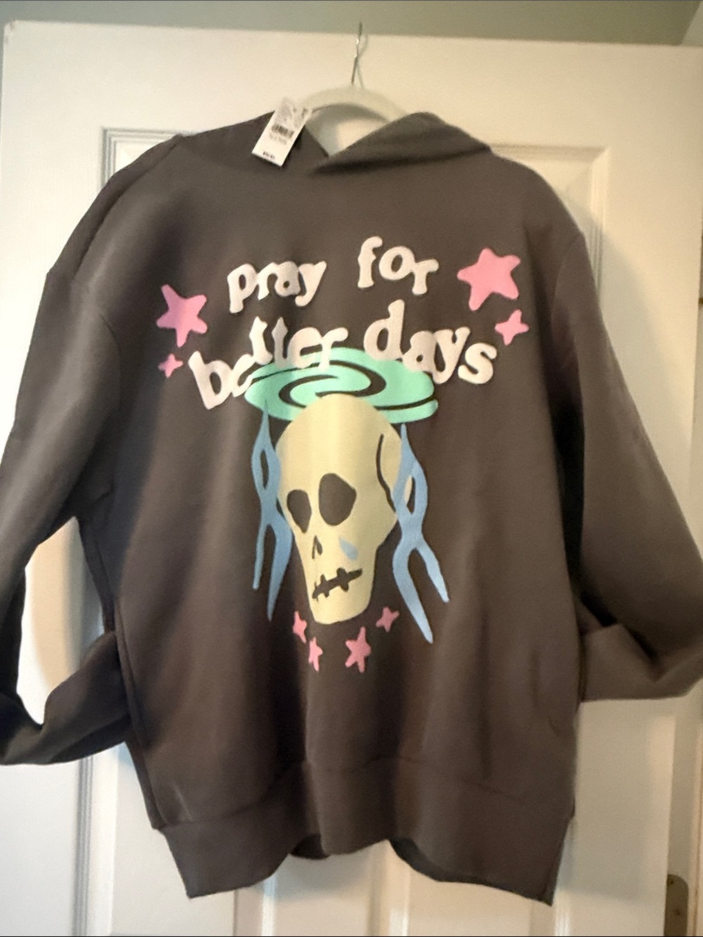 Gray Hoodie with Pastel Skull & Stars Graphic